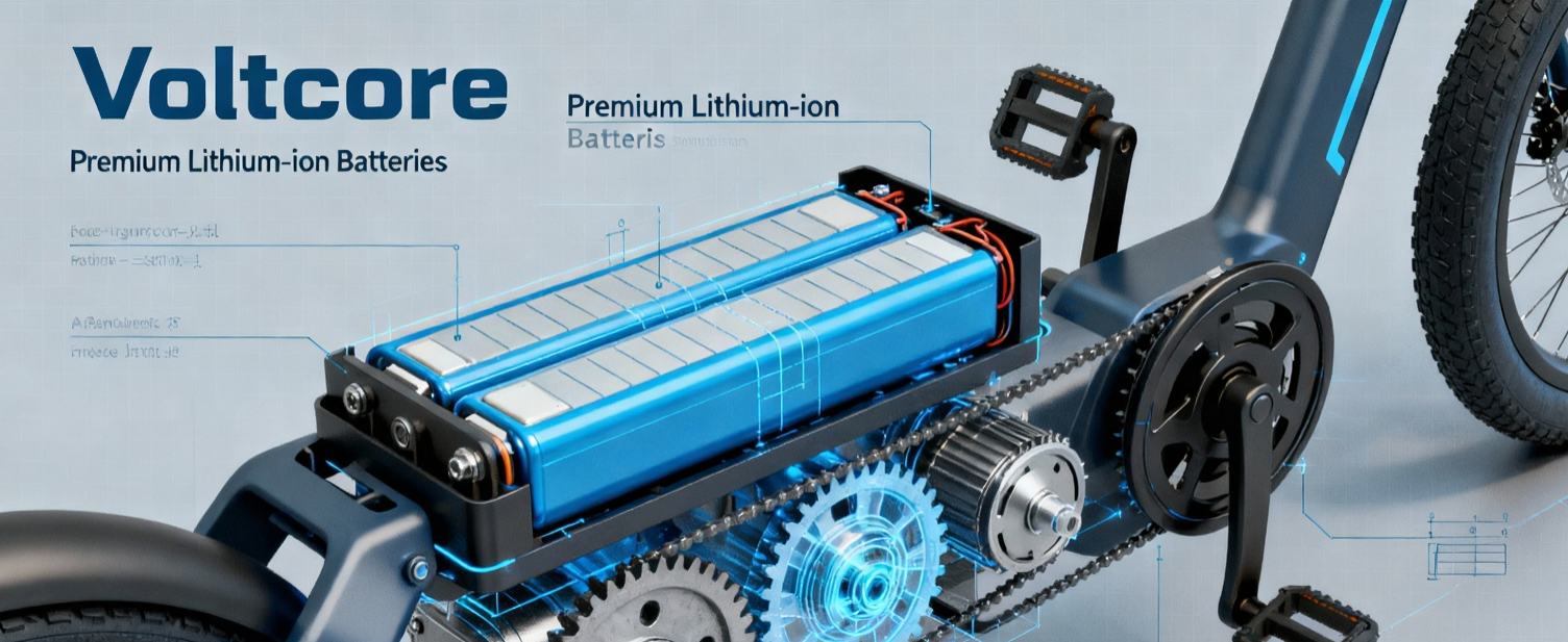 Voltcore lithium-ion battery pack on a mechanical structure with gears, on a light blue background.